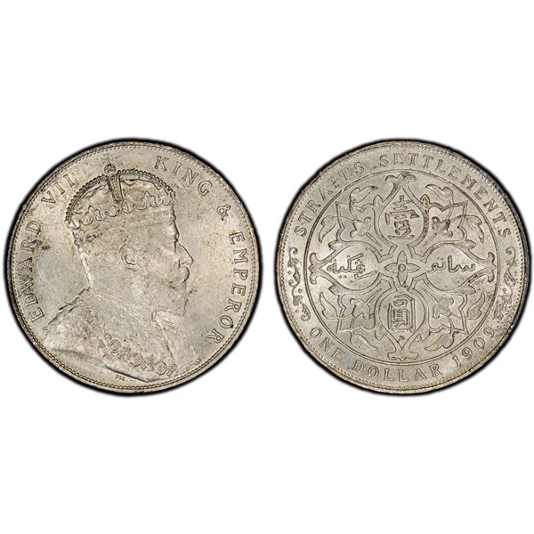 STRAITS SETTLEMENTS: Edward VII, 1901-1910, AR dollar, 1909, PCGS MS62