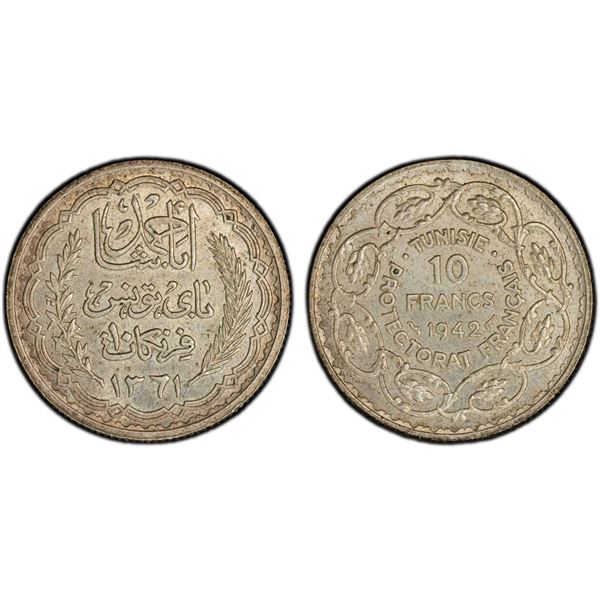 TUNISIA: French Protectorate, AR 10 francs, 1942/AH1361, PCGS MS62