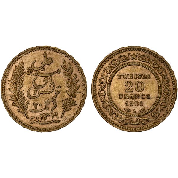 TUNISIA: Ali III, 1882-1902, AV 20 francs, 1901/AH1319, XF