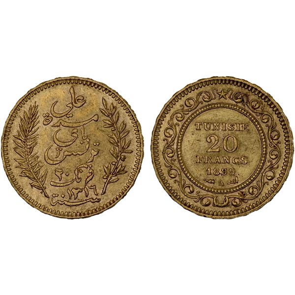 TUNISIA: French Protectorate, AV 20 francs, 1899/AH1316-A, XF-AU