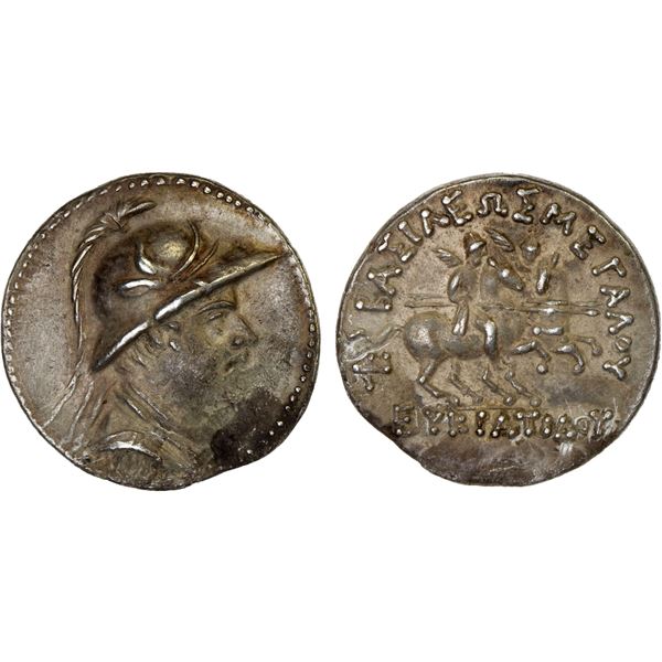 BACTRIA: Eukratides I Megas, ca. 170-145 BC, AR drachm (4.12g), Choice VF