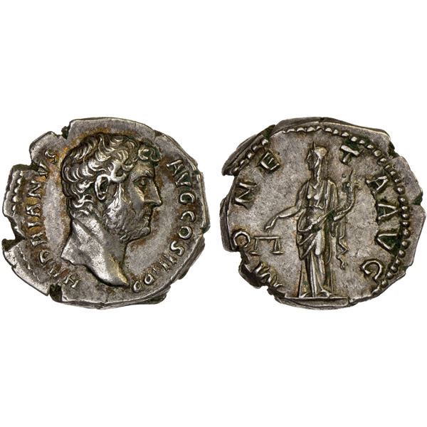 ROMAN EMPIRE: Hadrian, 117-138 AD, AR denarius (3.50g), Rome, 136 AD, Choice VF