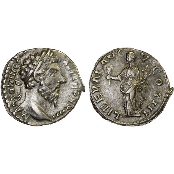 ROMAN EMPIRE: Marcus Aurelius, 161-180 AD, AR denarius (3.40g), Rome, 169-170 AD, Choice VF