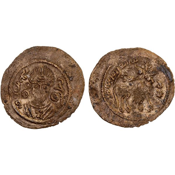 ARAB-SASANIAN: Anonymous, ca. 700-720, AE pashiz (0.91g), Bishapur (written out in Pahlavi), F-VF