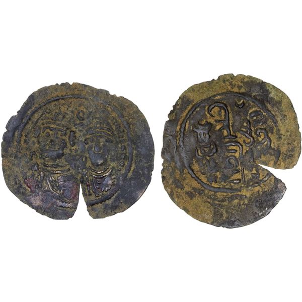 ARAB-SASANIAN: Khusraw type, ca. 653-670, AE pashiz (1.12g), Gyanbud (= Qasr Abu Nasr), ND, VF