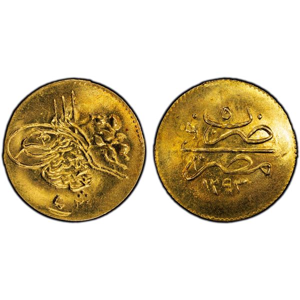 EGYPT: Abdul Hamid II, 1876-1909, AV 5 qirsh, Misr, AH1293 year 5, PCGS MS66
