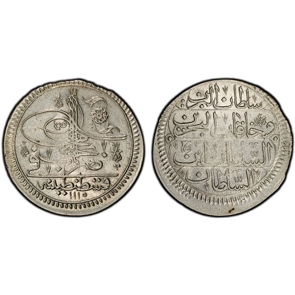 TURKEY: Ahmed III, 1703-1730, AR kurush, Kostantiniye, AH1115, PCGS MS62