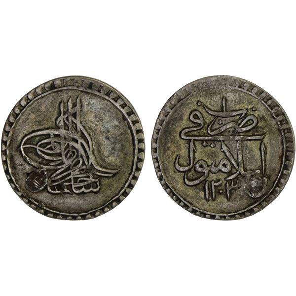 TURKEY: Selim III, 1789-1807, AR beshlik (5 para) (2.15g), Islambul, AH1203 year 1, VF