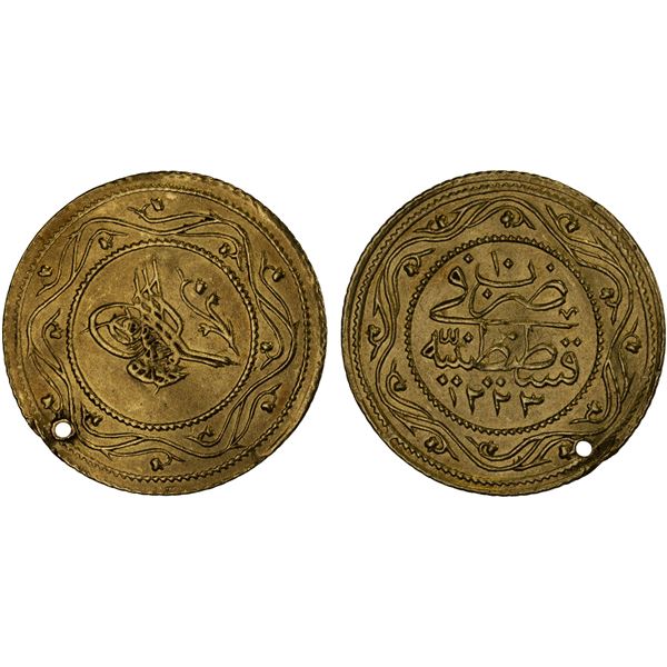 TURKEY: Mahmud II, 1808-1839, AV 2 rumi altin (4.65g), Kostantiniye, AH1223 year 10, XF