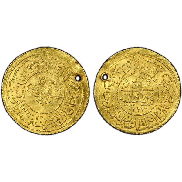 TURKEY: Mahmud II, 1808-1839, AV rumi altin (2.30g), Kostantiniye, AH1223 year 10, PCGS AU details