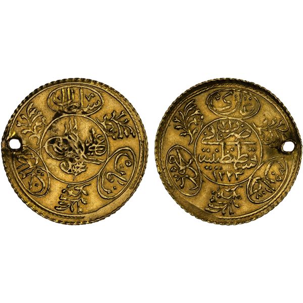 TURKEY: Mahmud II, 1808-1839, AV hayriye altin (1.81g), Kostantiniye, AH1223 year 22, bold XF