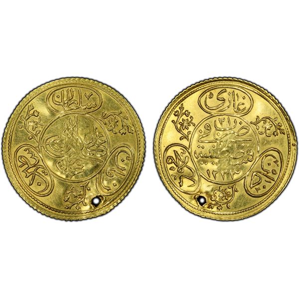 TURKEY: Mahmud II, 1808-1839, AV 2 hayriye altin (3.53g), Kostantiniye, AH1223 year 21, PCGS AU deta