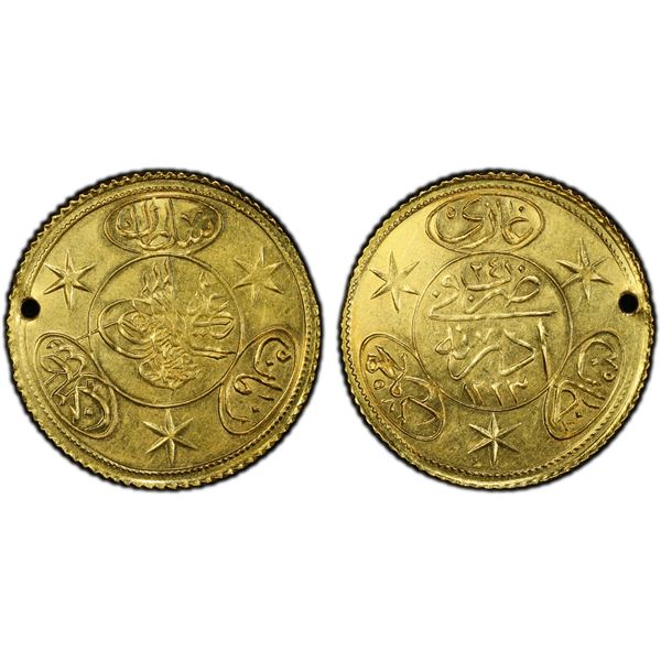 TURKEY: Mahmud II, 1808-1839, AV 2 hayriye altin (3.55g), Kostantiniye, AH1223 year 24, PCGS AU deta