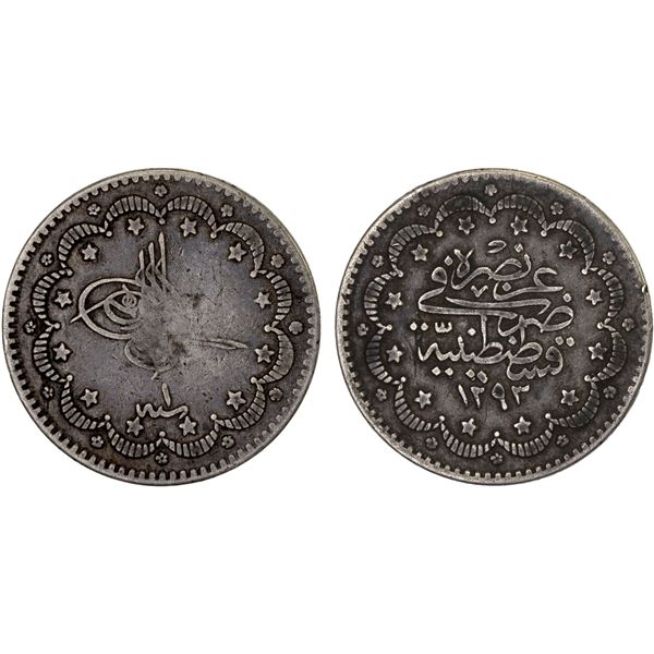 TURKEY: Murad V, 1876, AR 5 kurush, AH1293 year 1, Fine