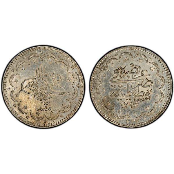 TURKEY: Abdul Hamid II, 1876-1909, AR 10 kurush, AH1293 year 3, PCGS AU details