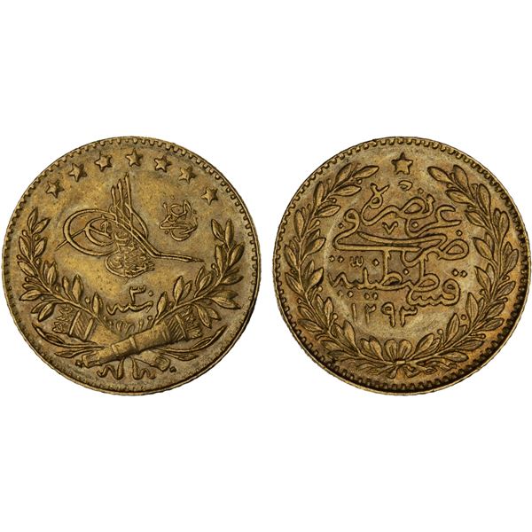 TURKEY: Abdul Hamid II, 1876-1909, AV 25 kurush, AH1293 year 30, XF
