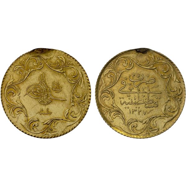 TURKEY: Mehmet V, 1909-1918, AV 25 kurush (1.79g), Kostantiniye, AH1327 year 4, VF-XF