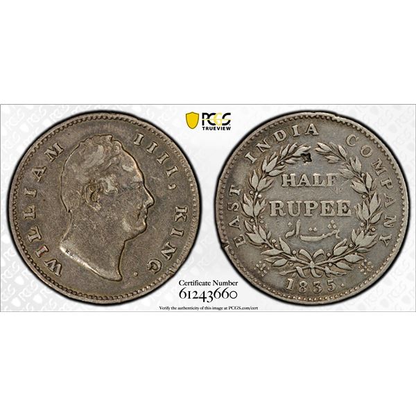 BRITISH INDIA: William IV, 1830-1837, AR 1/2 rupee, 1835(c), PCGS VF details