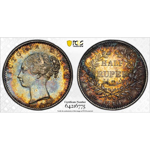 BRITISH INDIA: Victoria, Queen, 1837-1876, AR 1/2 rupee, 1840(b), PCGS AU details