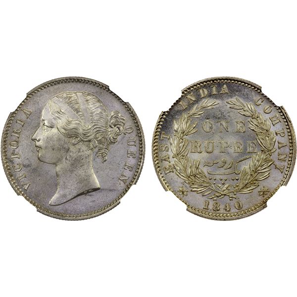 BRITISH INDIA: Victoria, Queen, 1837-1876, AR rupee, 1840(b&c), NGC MS63