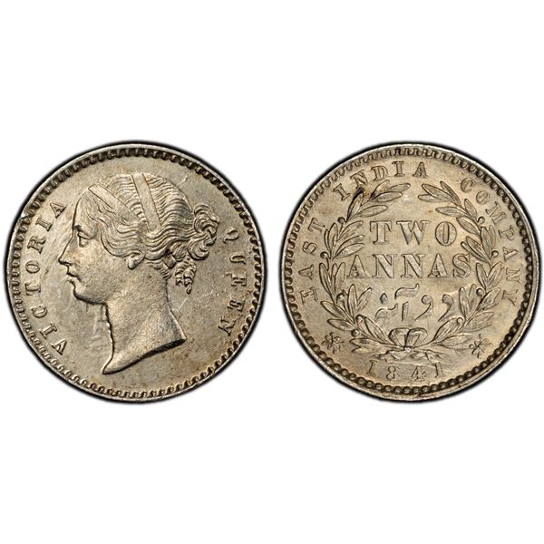 BRITISH INDIA: Victoria, Queen, 1837-1876, AR 2 annas, 1841, PCGS MS64