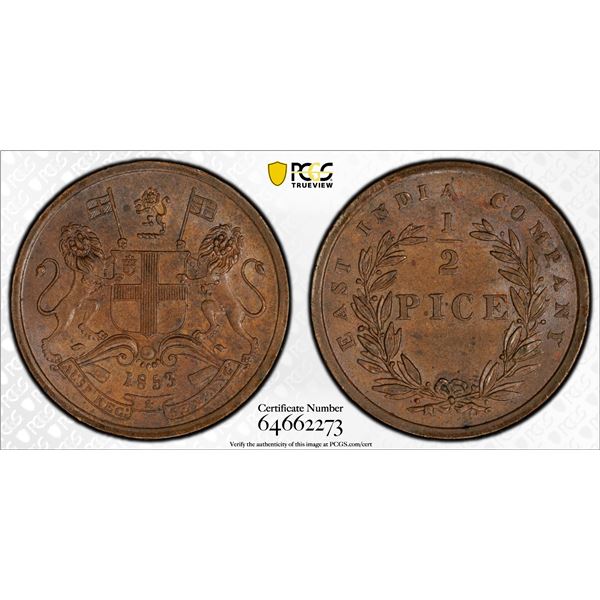 BRITISH INDIA: Victoria, Queen, 1837-1876, AE 1/2 pice, 1853(c), PCGS MS64 BN
