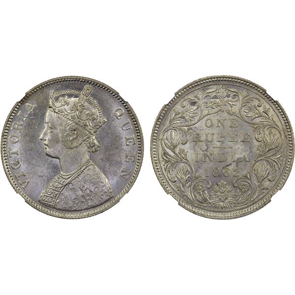 BRITISH INDIA: Victoria, Queen, 1837-1876, AR rupee, 1862(b), NGC MS62