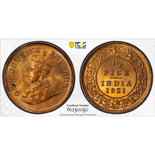 BRITISH INDIA: George V, 1910-1936, AE 1/2 pice, 1921(c), PCGS MS65 RD