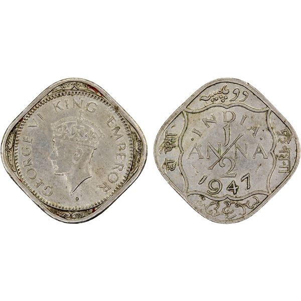 BRITISH INDIA: George VI, 1937-1947, 1/2 anna, 1947(b), Choice AU