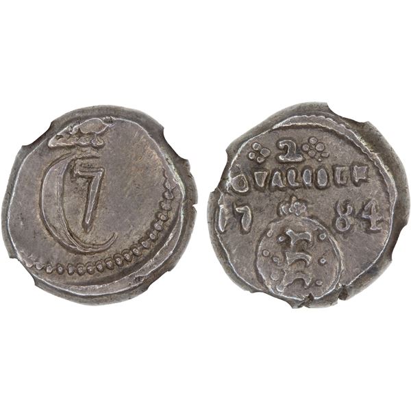 DANISH INDIA: Christian VII, 1766-1807, AR 2 royaliner, Tranquebar, 1784, NGC AU55