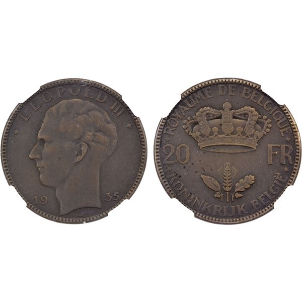 BELGIUM: Leopold III, 1934-1950, AE 20 francs, 1935, NGC MS64 BN MATTE