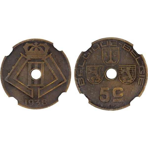 BELGIUM: Leopold III, 1934-1950, AE 5 centimes, 1938, NGC MS64 BN MATTE