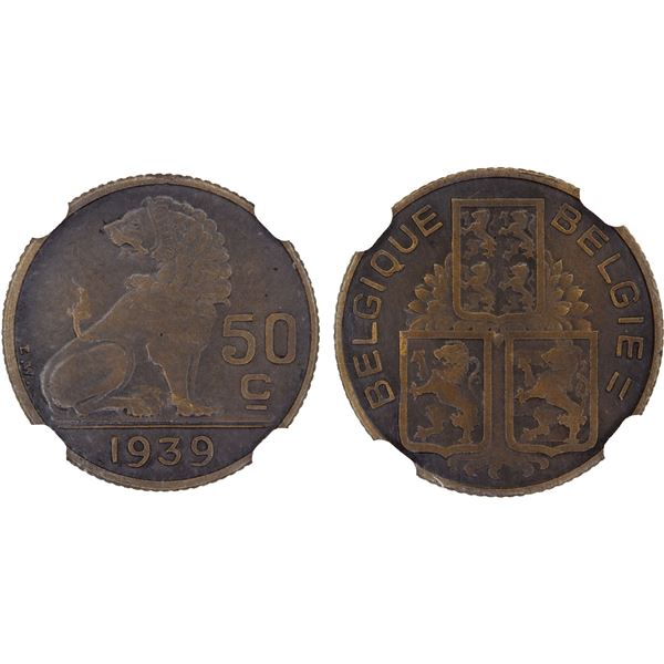 BELGIUM: Leopold III, 1934-1950, AE 50 centimes, 1939, NGC MS66 BN MATTE