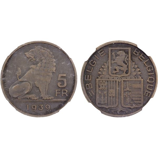 BELGIUM: Leopold III, 1934-1950, AE 5 francs, 1939, NGC MS64 BN MATTE