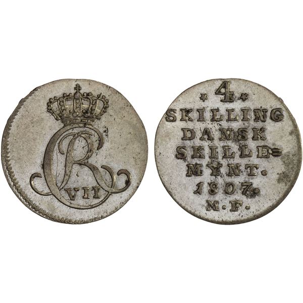 DENMARK: Christian VII, 1766-1808, AR 4 skilling, Altona, 1807, AU