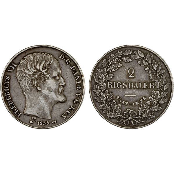 DENMARK: Frederik VII, 1848-1863, AR 2 rigsdaler, Copenhagen, 1855, VF