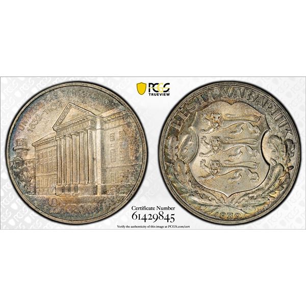 ESTONIA: Republic, AR 2 krooni, 1932, PCGS MS64