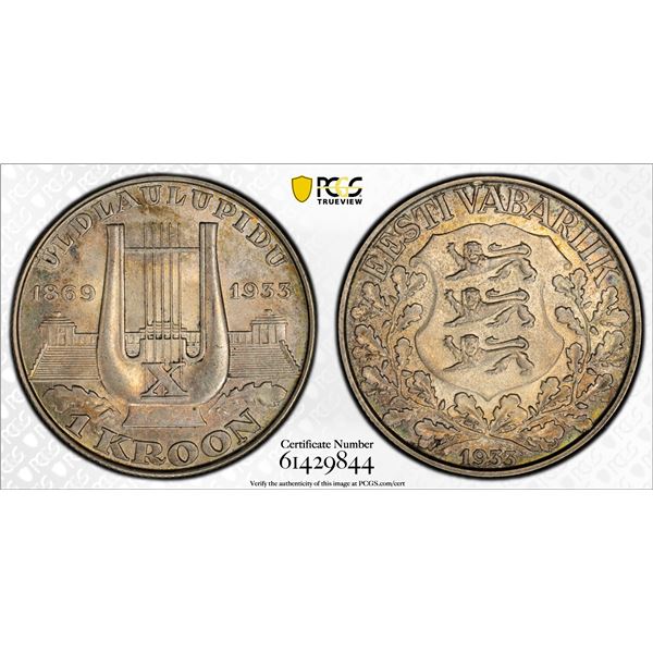 ESTONIA: Republic, AR kroon, 1933, PCGS MS64