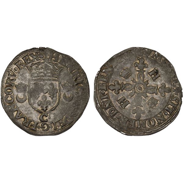 FRANCE: Henri II, 1547-1559, AR douzain aux croissants (2.49g), Saint Lô, ND (1549-58), XF