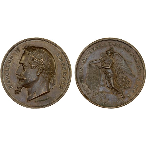 FRANCE: Napoleon III, 1852-1870, AE medal (61.15g), 1867, XF-AU
