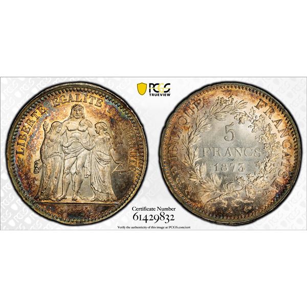 FRANCE: Third Republic, AR 5 francs, 1873-A, PCGS MS63