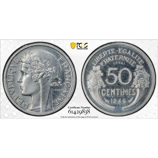 FRANCE: Republic, 50 centimes, 1946, PCGS Specimen 64