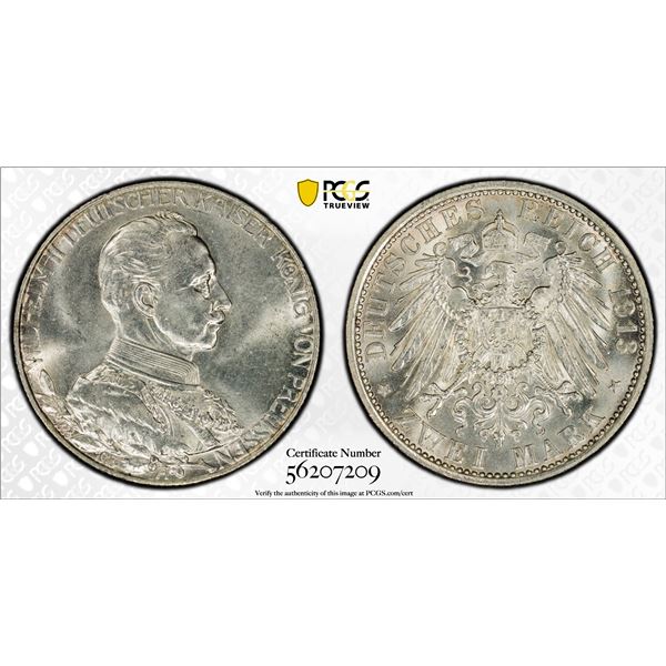 PRUSSIA: Wilhelm II, 1888-1918, AR 2 mark, Berlin, 1913-A, PCGS MS65