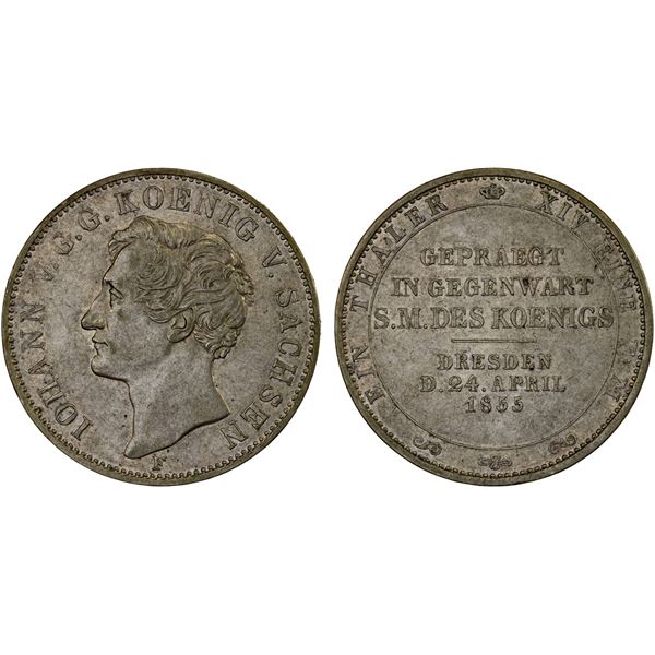 SAXONY: Johann, 1854-1873, AR thaler, 1855-F, XF