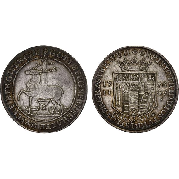 STOLBERG-STOLBERG: Christian Friedrich and Jost Christian, 1704-1738, AR 2/3 thaler (12.95g), 1736, 