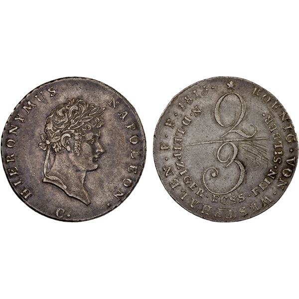 WESTPHALIA: Jerome Napoleon, 1807-1813, AR 2/3 thaler, Clausthal, 1813-C, XF