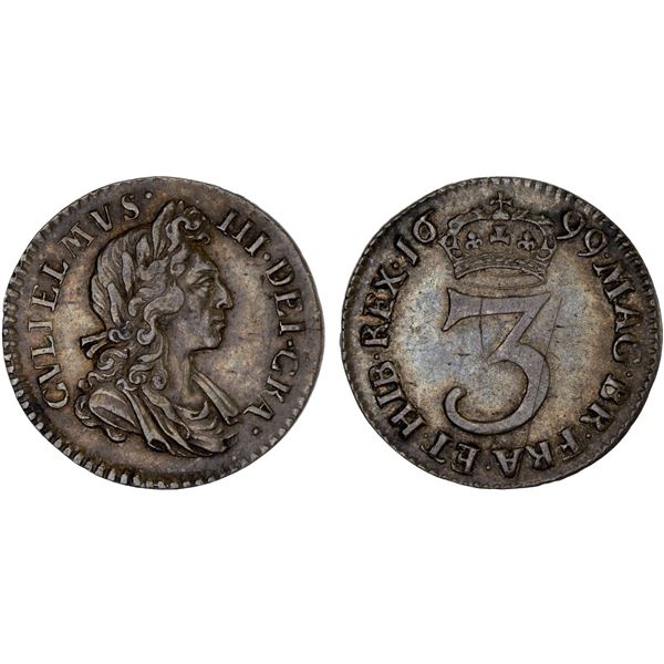 GREAT BRITAIN: ENGLAND: William III, 1694-1702, AR threepence, 1699, XF