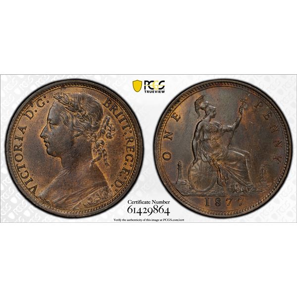 GREAT BRITAIN: Victoria, 1837-1901, AE penny, 1877, PCGS MS63 BN