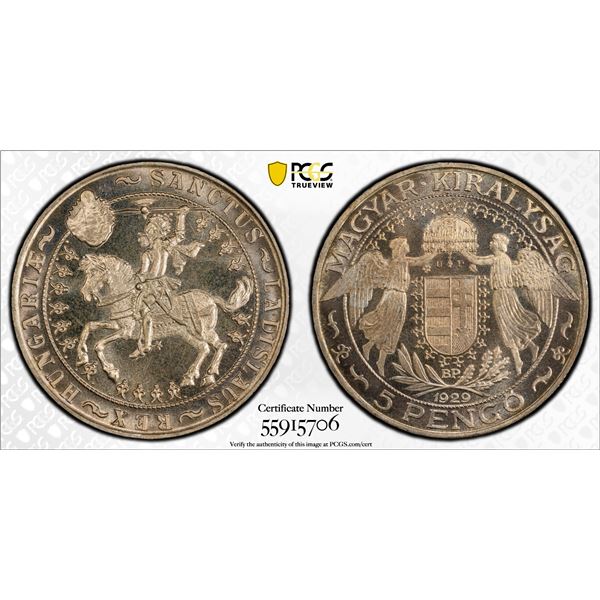 HUNGARY: AR 5 pengo, ca. 1960's, 1929-BP, PCGS Proof 67