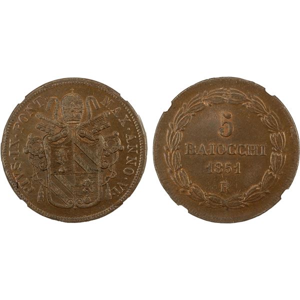 ITALY: PAPAL STATES: Pius IX, 1846-1878, AE 5 baiocchi, 1851 year VI-R, NGC MS64 + BN